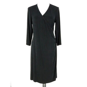 Chicos Travelers Dress 1 Womens Medium 8 Black Faux Wrap Ruched Side Career